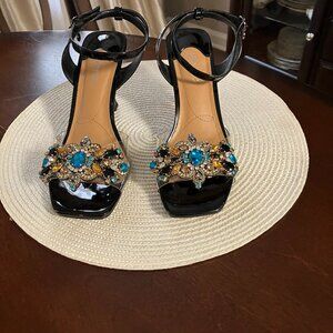 Crystal encrusted, open toe sandal by JRenee', black, 3 inch heel